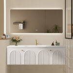 Solid Oak Bathroom Vanity with Single Sink & Smart Mirrored Cabinet, Floating Vanity with Sink, white Bathroom Sink Cabinet with Hand Carving.